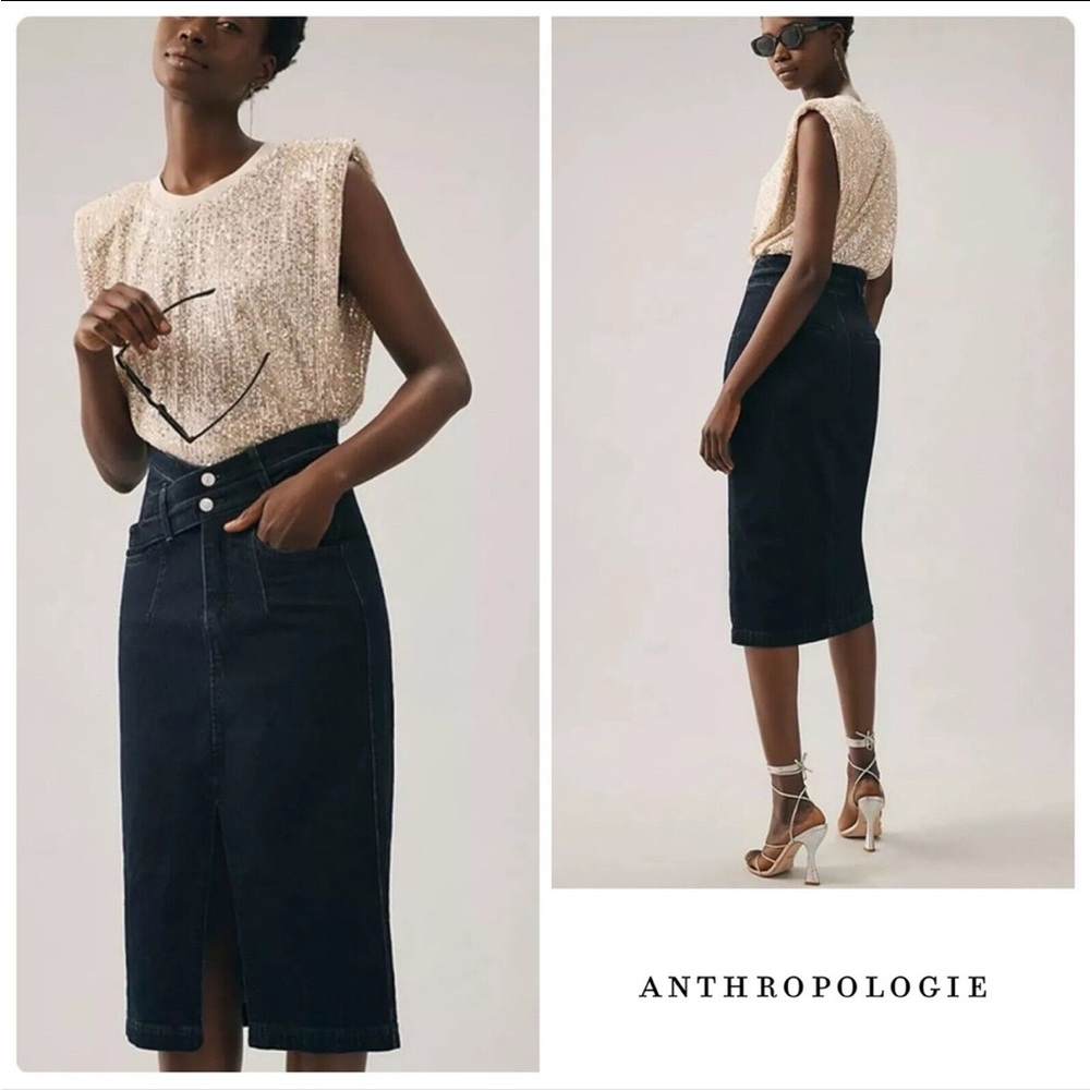 Anthropologie Dark Navy Denim Midi Skirt